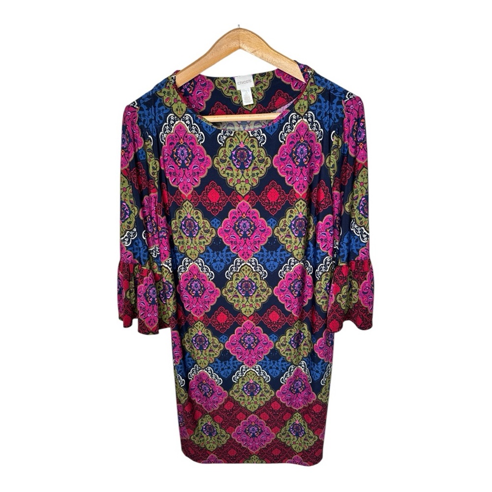 Chico’s Dress 3/4 Bell Sleeves Medallion Print Size 3 US XL Petite Colorful